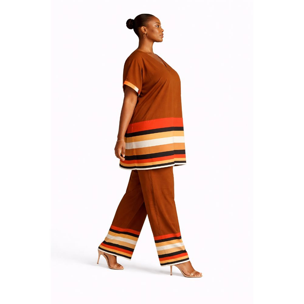 Brown Striped TwoPiece Set with VNeck Top and Matching Pants
